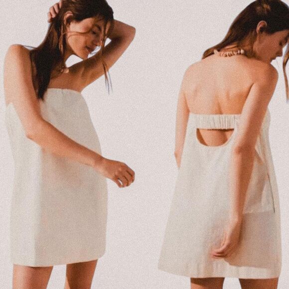 Free People Cotton-Linen Strapless Mini Dress – Boho Coastal Babe (Size L) 🤍🌿 - Picture 1 of 7
